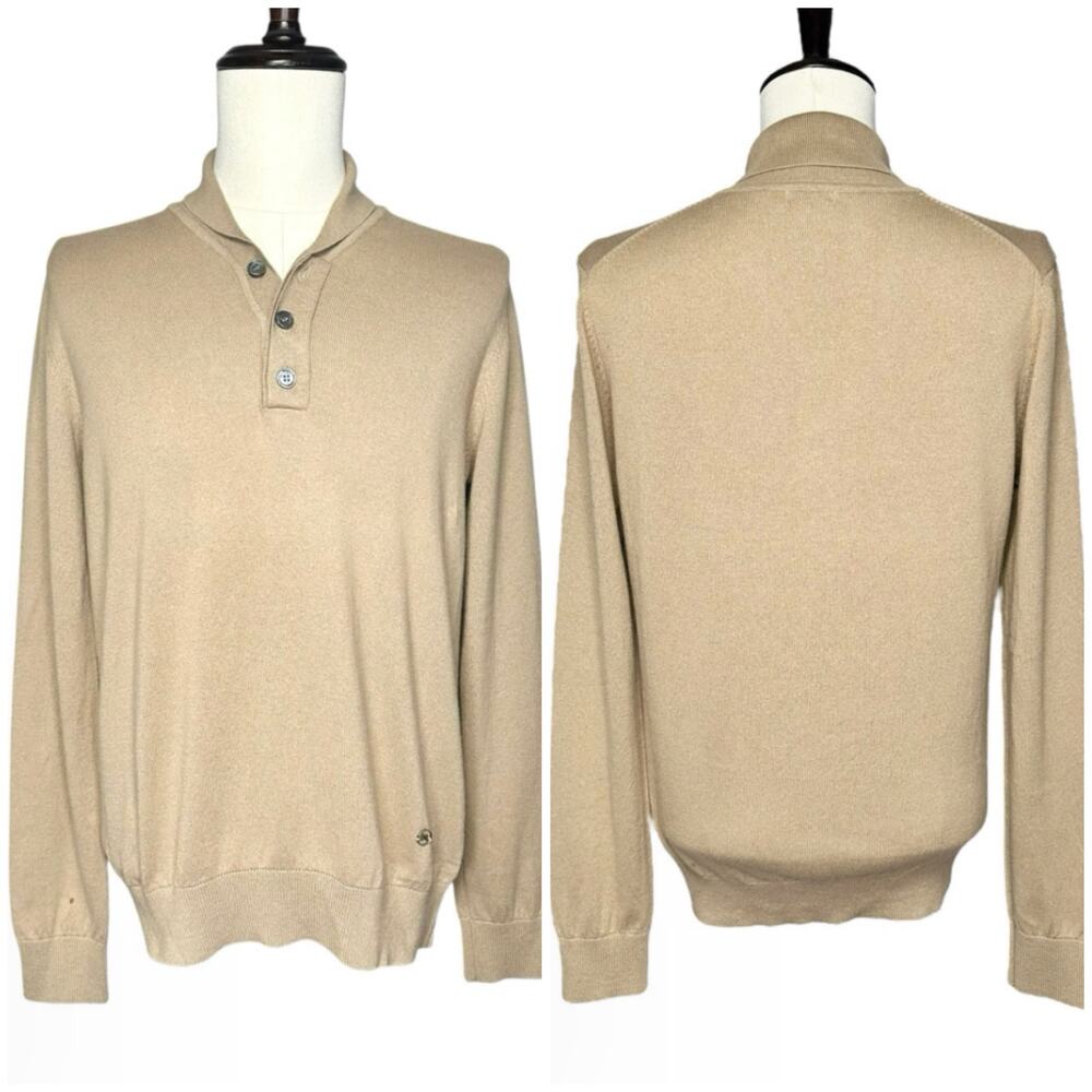 J.Lindeberg | Men | Batique Khaki Wool Cotton Blend LS Golf Polo Shirt | Large